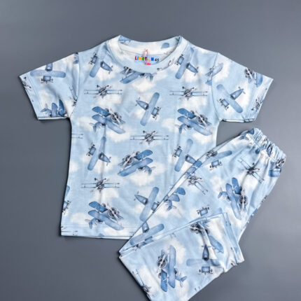 ست خانگی تیشرت و شلوار لیموتین طرح هواپیما آبی