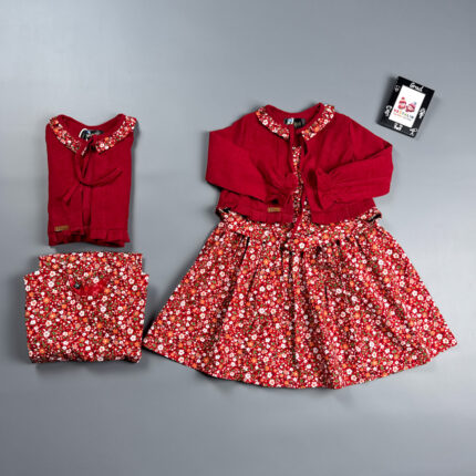 کت و سارافون دخترانه دیباجی قرمز با طرح گُل‌گلی