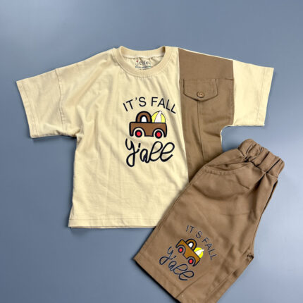 ست تیشرت شلوارک پسرانه کتان طرح ماشین