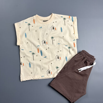 ست تیشرت و شلوارک نخ پنبه برند هورس طرح دریای سفید