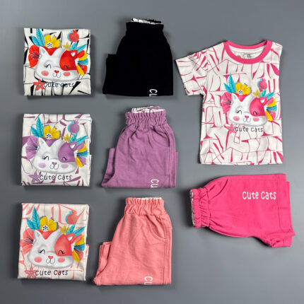 ست تیشرت و شلوارک نخ پنبه تاپ تین طرح گربه